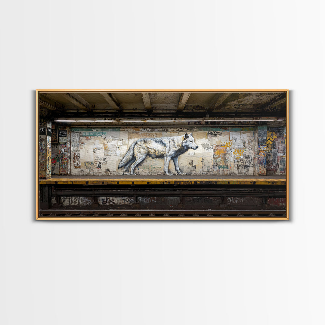 White Wolf Subway Graffiti Wall Art, Urban Animal Canvas Print, Gritty Street Art For Loft Office And Man Cave Decor Gift