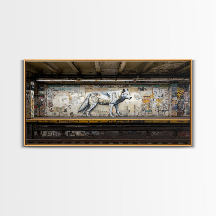 White Wolf Subway Graffiti Wall Art, Urban Animal Canvas Print, Gritty Street Art For Loft Office And Man Cave Decor Gift
