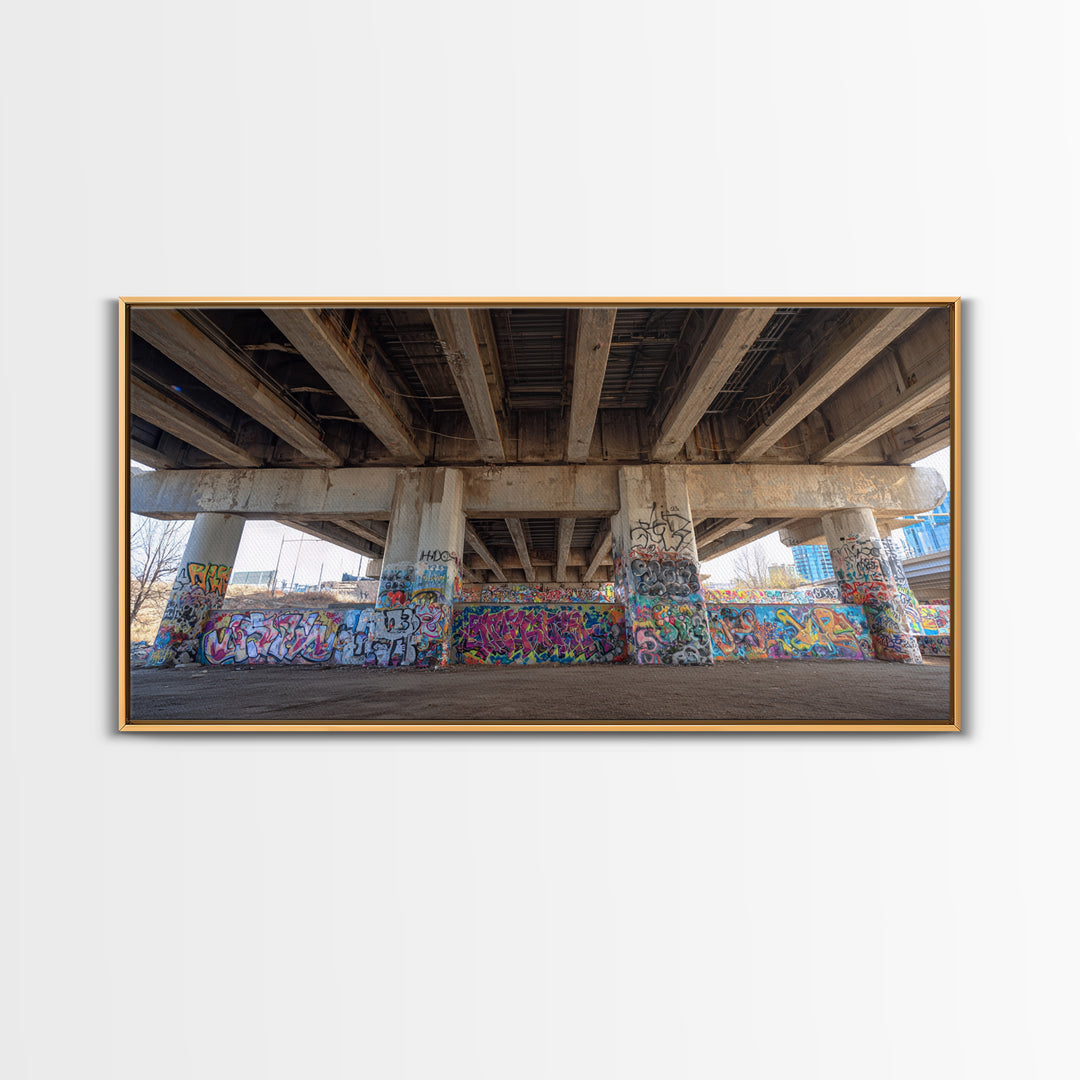 Colorful Graffiti Under Urban Bridge Wall Art, Street Art Photography Print, Modern Office Decor, Industrial City Poster