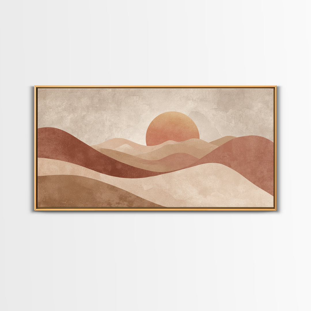 Minimalist Desert Sun And Dunes Canvas Print, Earth Tone Wall Art, Neutral Landscape Decor, Large Boho Living Room Art Print