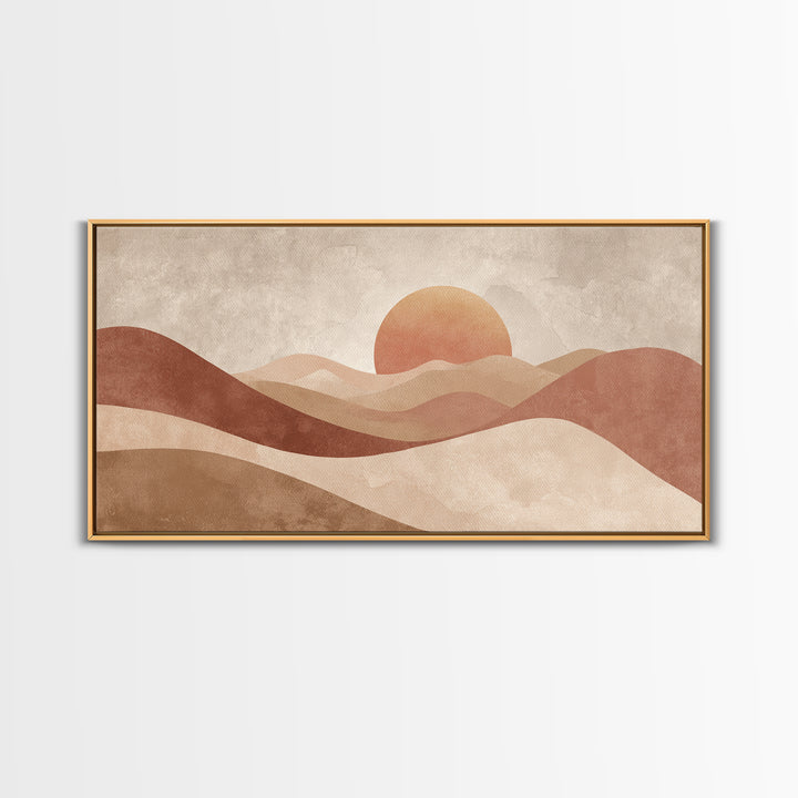 Minimalist Desert Sun And Dunes Canvas Print, Earth Tone Wall Art, Neutral Landscape Decor, Large Boho Living Room Art Print