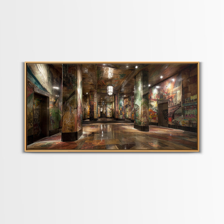 Graffiti Covered Underground Corridor Wall Art, Industrial Urban Canvas Print, Street Art Decor, Edgy Office Wall Decor