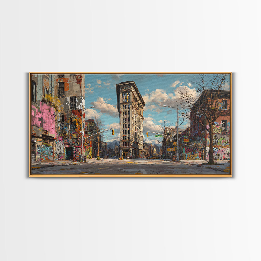 Flatiron City Street Wall Art, Urban Landscape Canvas Print, Graffiti Building Decor, New York Style Apartment Gift For Him