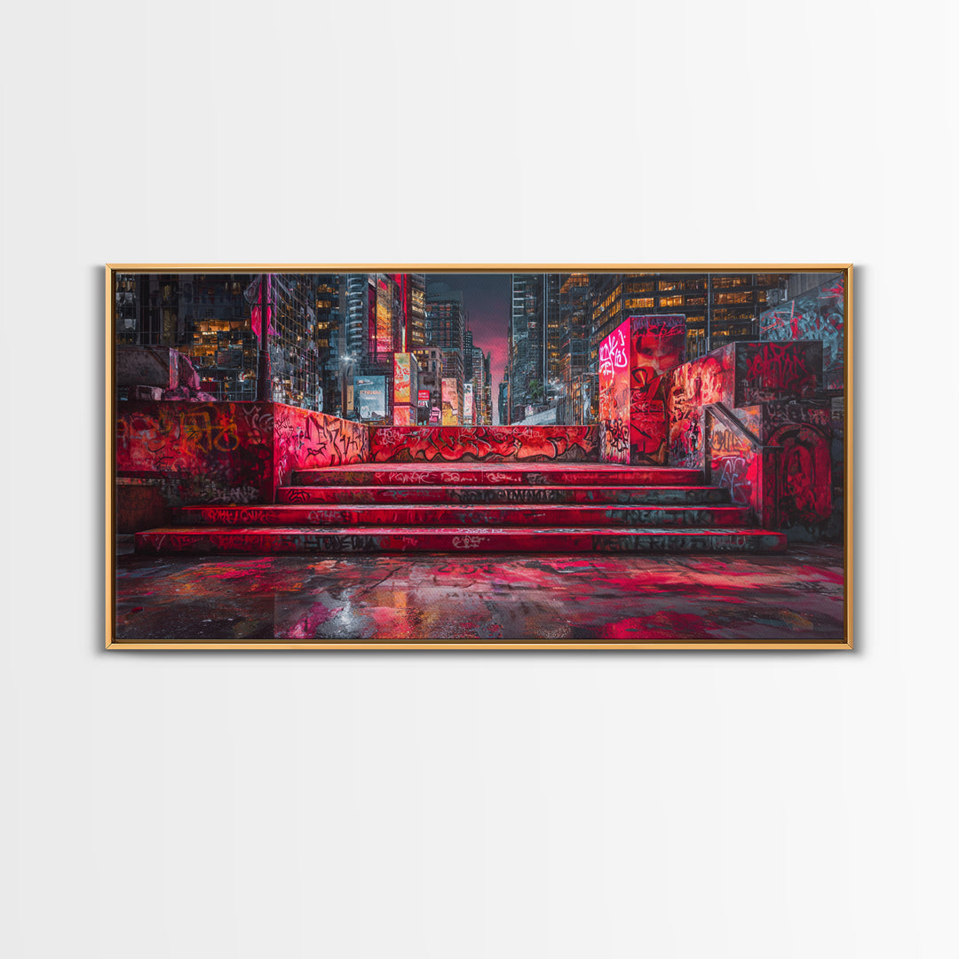 Neon Graffiti City Steps Wall Art, Cyberpunk Urban Street Art Print, Red Futuristic Decor For Gaming Room Or Loft Apartment Home Decor