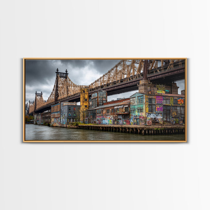 Graffiti Covered City Bridge Waterfront Framed Canvas Print, Urban Wall Art, NYC Art Print, Industrial Office Decor, Travel Poster