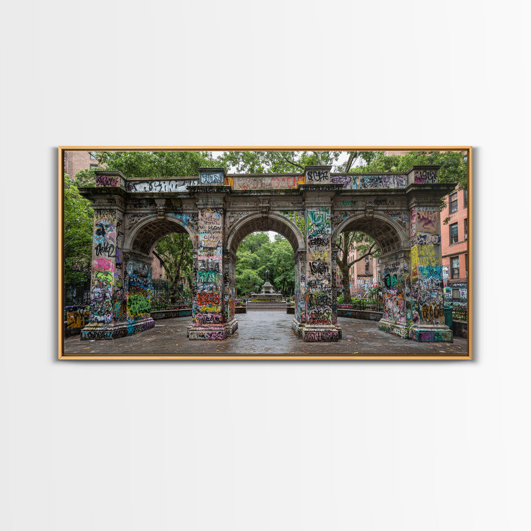 Graffiti Covered Stone Arch Wall Art, Urban Park Framed Canvas Print, NYC Street Art, Eclectic Apartment Decor Gift For Him
