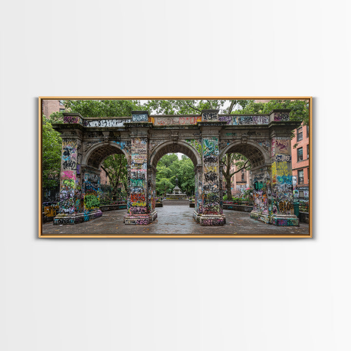 Graffiti Covered Stone Arch Wall Art, Urban Park Framed Canvas Print, NYC Street Art, Eclectic Apartment Decor Gift For Him