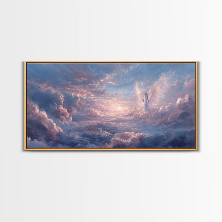 Angel In Pastel Heaven Clouds Framed Canvas Print, Dreamy Celestial Wall Art, Spiritual Sky Home Decor, Serene Gift For Her