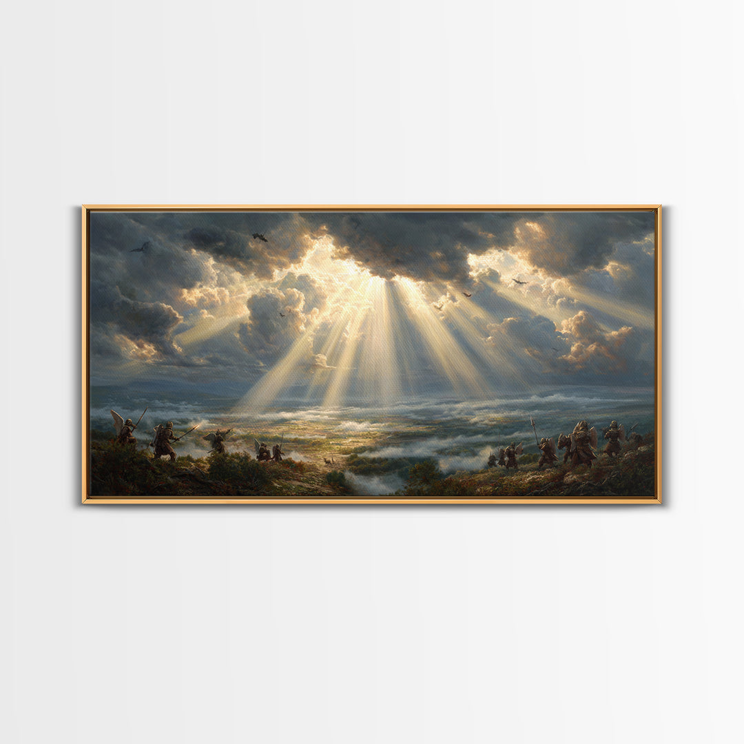 Heavenly Battlefield Canvas Print, Angelic Sun Rays Wall Art, Epic Soldiers Landscape, Christian Home Decor For Living Room