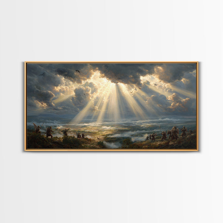 Heavenly Battlefield Canvas Print, Angelic Sun Rays Wall Art, Epic Soldiers Landscape, Christian Home Decor For Living Room