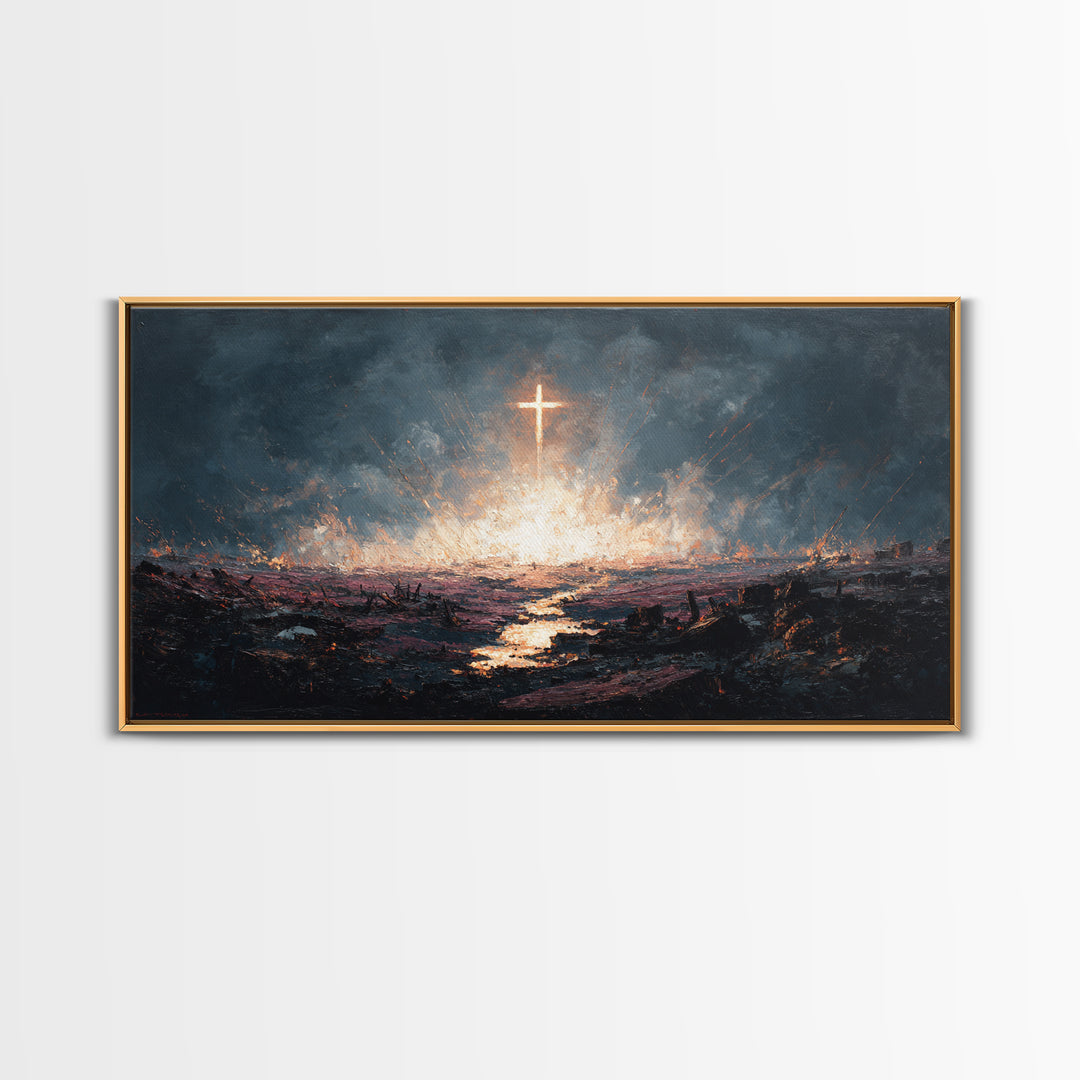 Glowing Cross Over Stormy Battlefield Framed Canvas Print, Christian Wall Art, Dramatic Faith Decor, Prayer Room Gift Idea