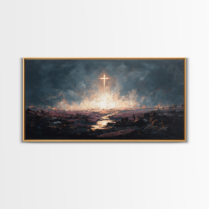 Glowing Cross Over Stormy Battlefield Framed Canvas Print, Christian Wall Art, Dramatic Faith Decor, Prayer Room Gift Idea