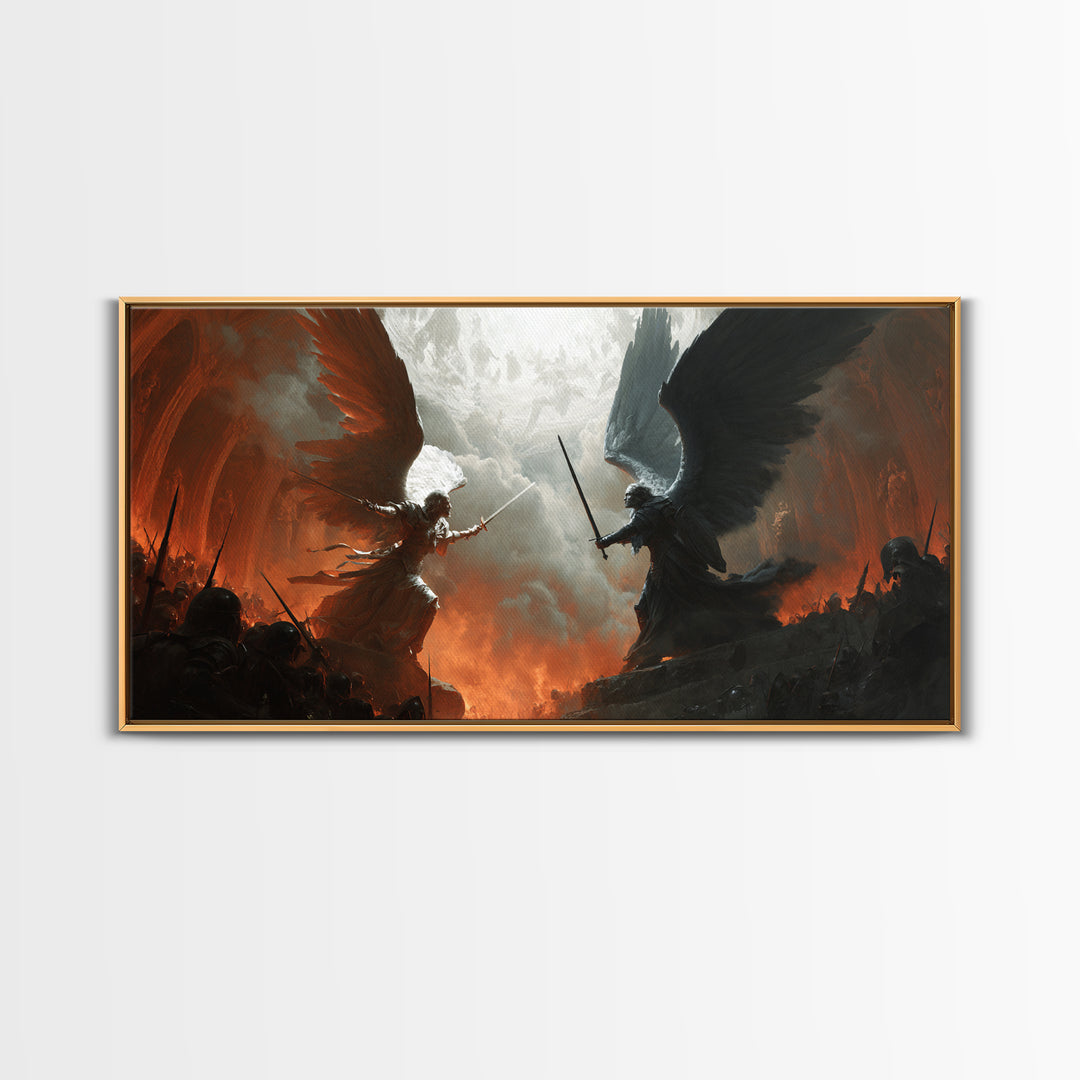 Angels And Demons Battle Wall Art, Dark Fantasy Framed Canvas Print, Epic Gothic Decor For Game Room Or Man Cave Wall Decor