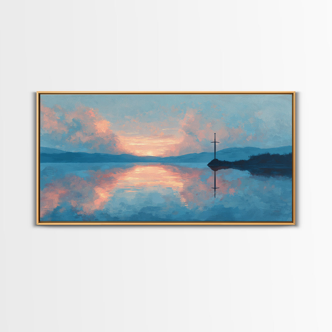 Pastel Lake Sunrise With Quiet Cross Wall Art, Landscape Painting, Christian Wall Decor, Calming Bedroom Art, Nature Gift