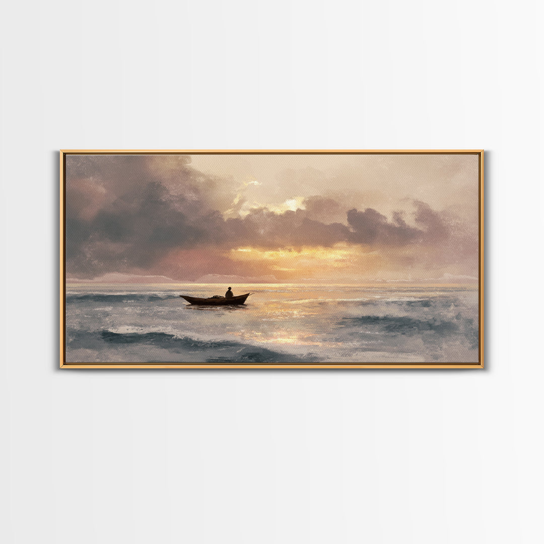 Solitary Fishing Boat At Golden Sunrise Canvas Print, Coastal Wall Art, Ocean Painting, Seascape Decor, Living Room Art Gift