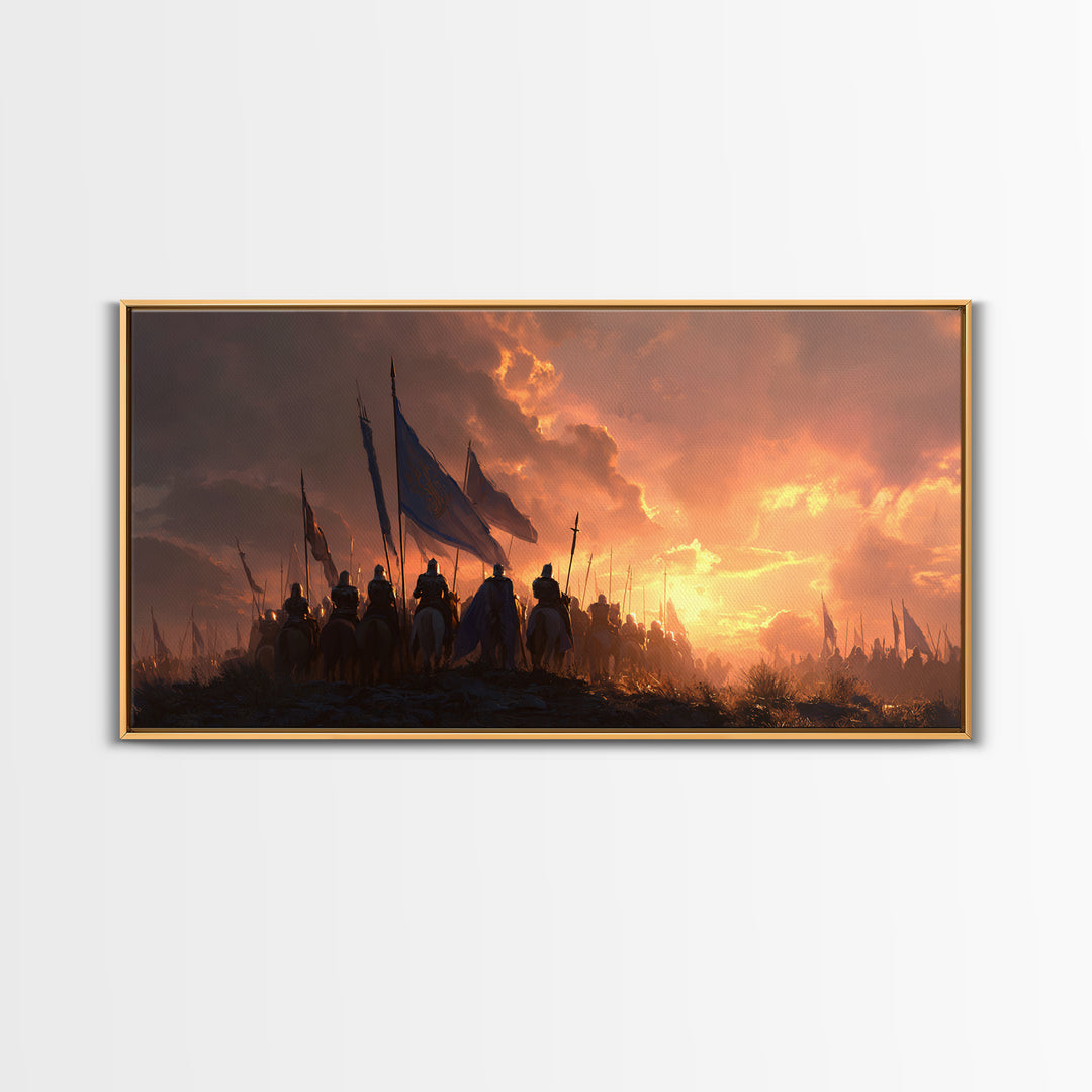 Medieval Cavalry At Fiery Sunset Wall Art, Epic Fantasy Battle Canvas Print, Knight Army Landscape Art, Gift For Him, Man Cave Decor