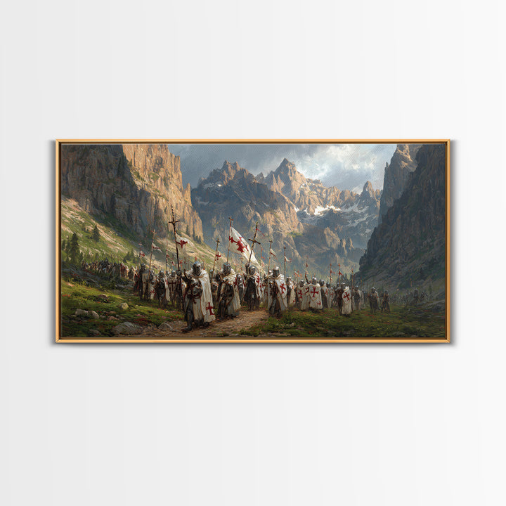 Knights In Mountain Valley Wall Art, Medieval Crusader Canvas Print, Epic Fantasy Battle Decor, Historical Artwork Gift For Him