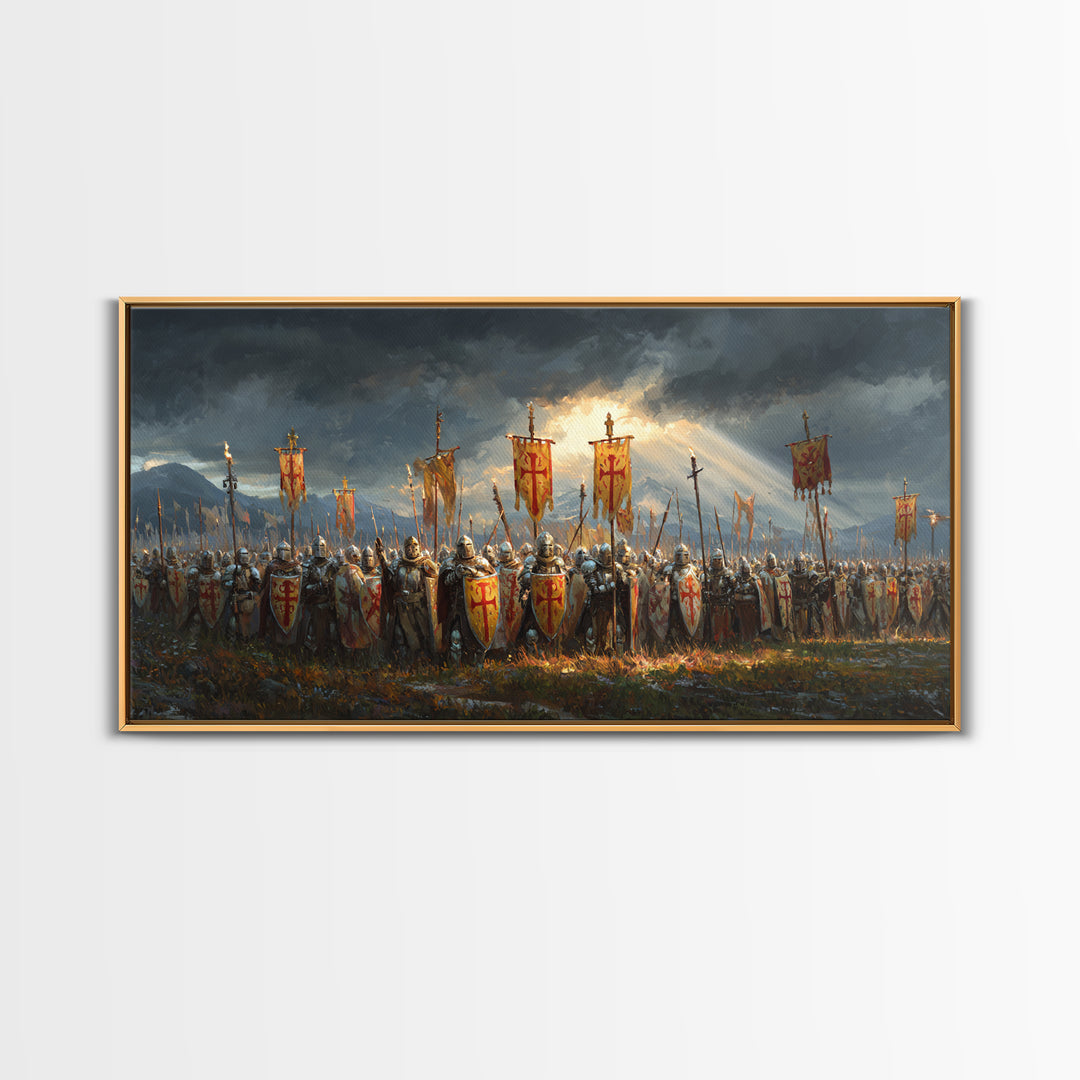 Medieval Knights Army With Red Banners Framed Canvas Print, Crusader Battle Wall Art, Historical Fantasy Decor Gift For Him