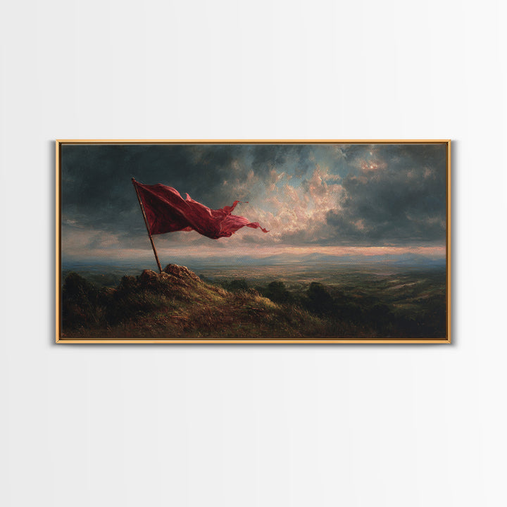 Red Flag Stormy Mountain Canvas Print, Dramatic Landscape Wall Art, Moody Rustic Decor, Patriotic Banner Art Print Gift For Him