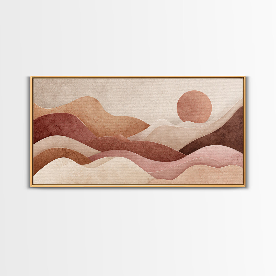 Mauve Terracotta Abstract Mountain Sun Wall Art, Wavy Desert Landscape Canvas Print, Neutral Boho Decor, Large Above Bed Art