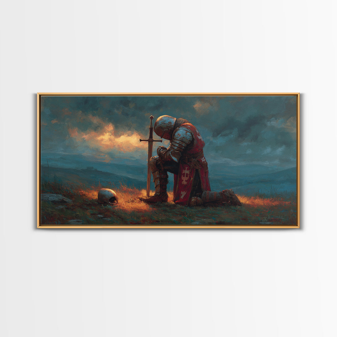 Kneeling Medieval Knight Wall Art, Moody Fantasy Framed Canvas Print, Sword And Skull Decor, Masculine Office Art Gift For Him