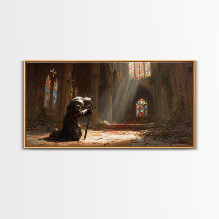 Kneeling Knight In Ruined Cathedral Wall Art, Medieval Fantasy Canvas, Stained Glass Chapel, Dark Academia Home Decor Gift