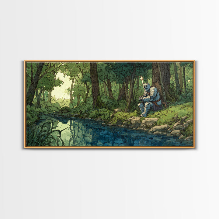 Pixel Knight Resting By Forest Stream Wall Art, Fantasy Canvas Print, Woodland Landscape, Kids Room Decor Gamer Gift For Him