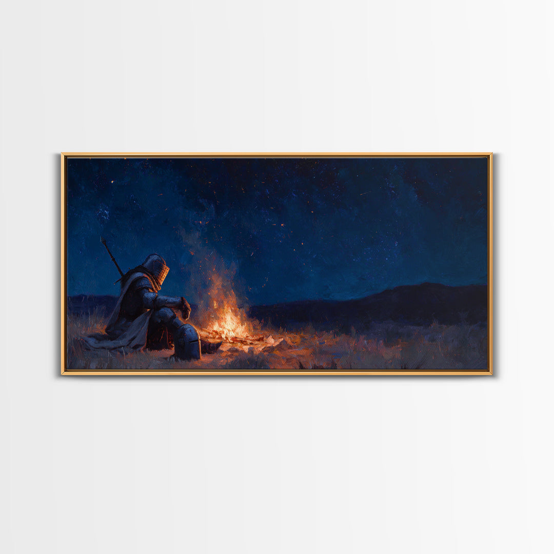 Lonely Knight Campfire Canvas Print, Dark Fantasy Wall Art, Starry Night Medieval Decor, Gaming Room Art And Gift For Him