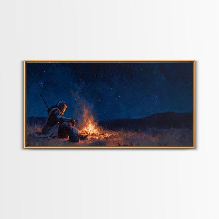 Lonely Knight Campfire Canvas Print, Dark Fantasy Wall Art, Starry Night Medieval Decor, Gaming Room Art And Gift For Him