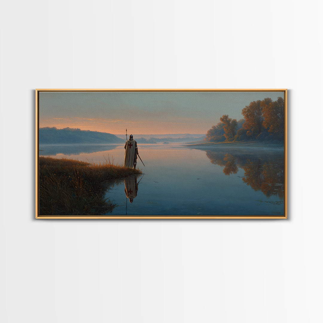 Misty River Knight Landscape Wall Art, Serene Medieval Lake Canvas, Reflective Nature Decor, Fantasy Print, Gift For Him