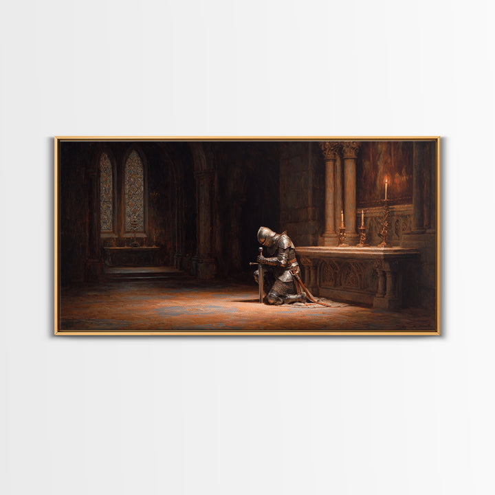 Kneeling Knight In Gothic Chapel Framed Canvas Print, Medieval Wall Art For Dark Academia Decor And Masculine Office Decor