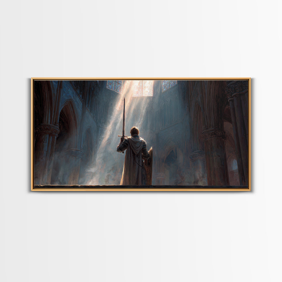 Knight In Sunlit Gothic Cathedral Framed Canvas Print, Fantasy Wall Art, Medieval Decor, Christian Artwork, Gift For Him