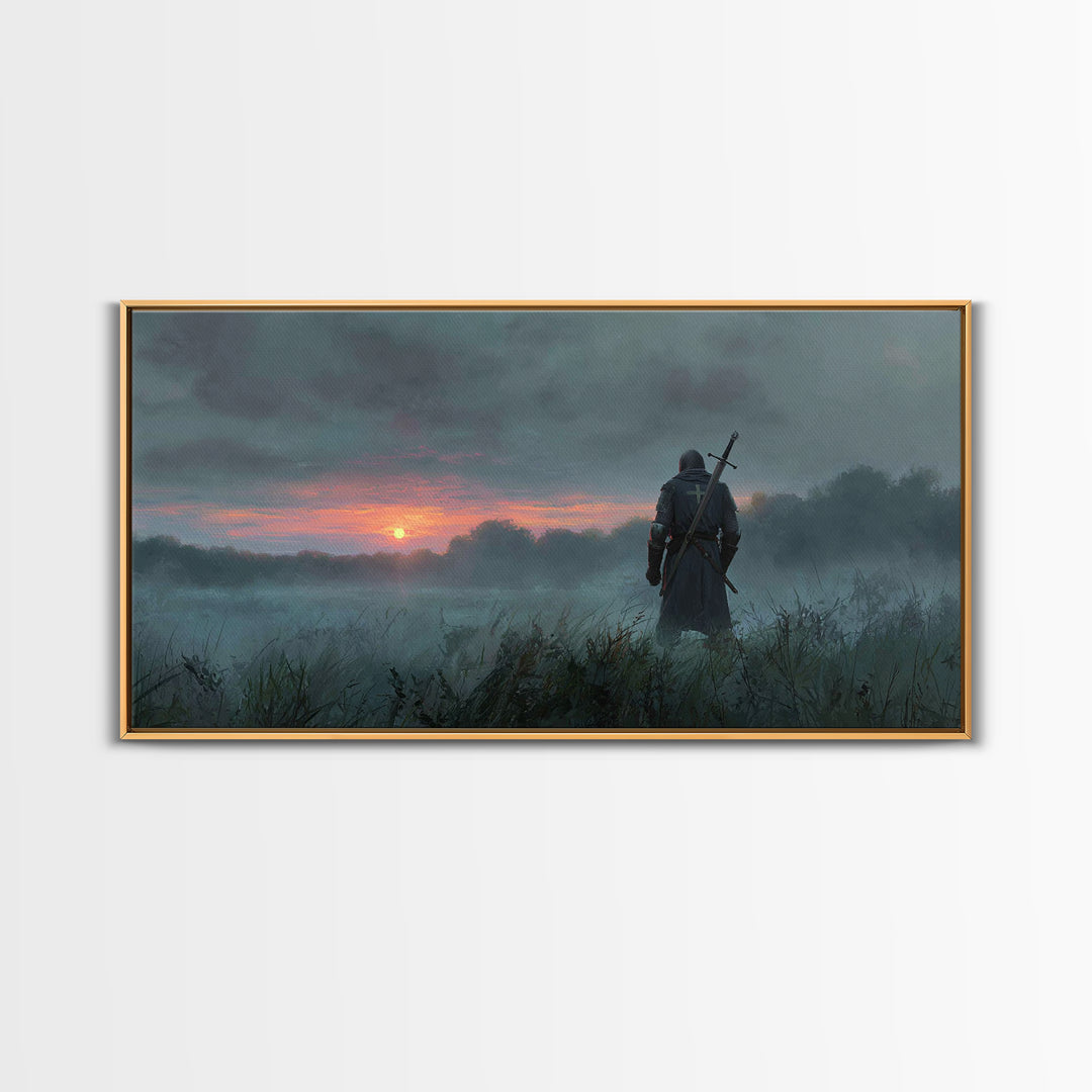 Lone Warrior At Misty Sunrise Wall Art, Medieval Fantasy Canvas Print, Moody Landscape Decor, Dark Academia Gift For Him
