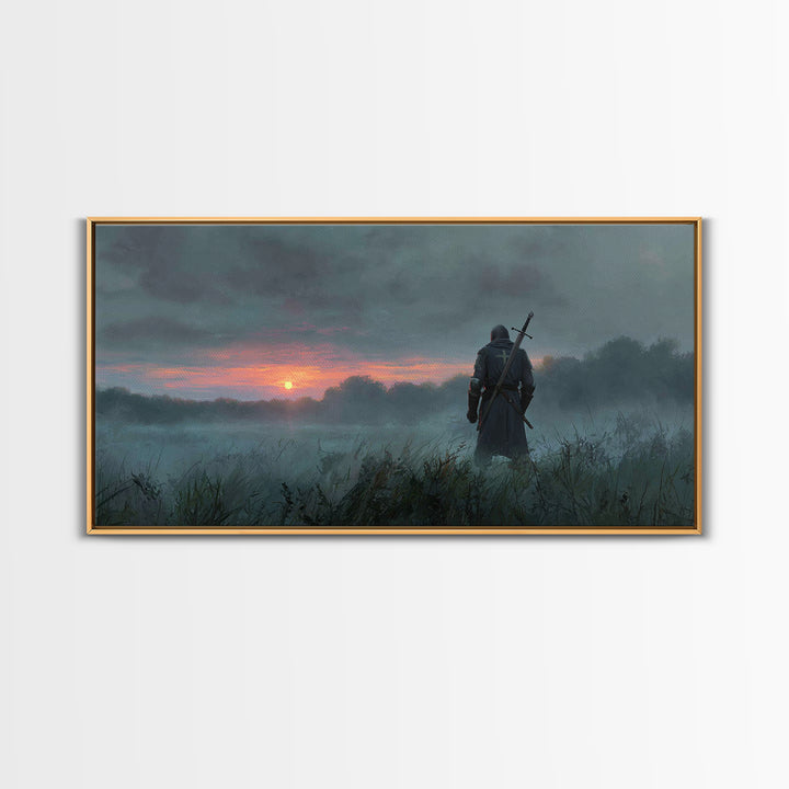 Lone Warrior At Misty Sunrise Wall Art, Medieval Fantasy Canvas Print, Moody Landscape Decor, Dark Academia Gift For Him