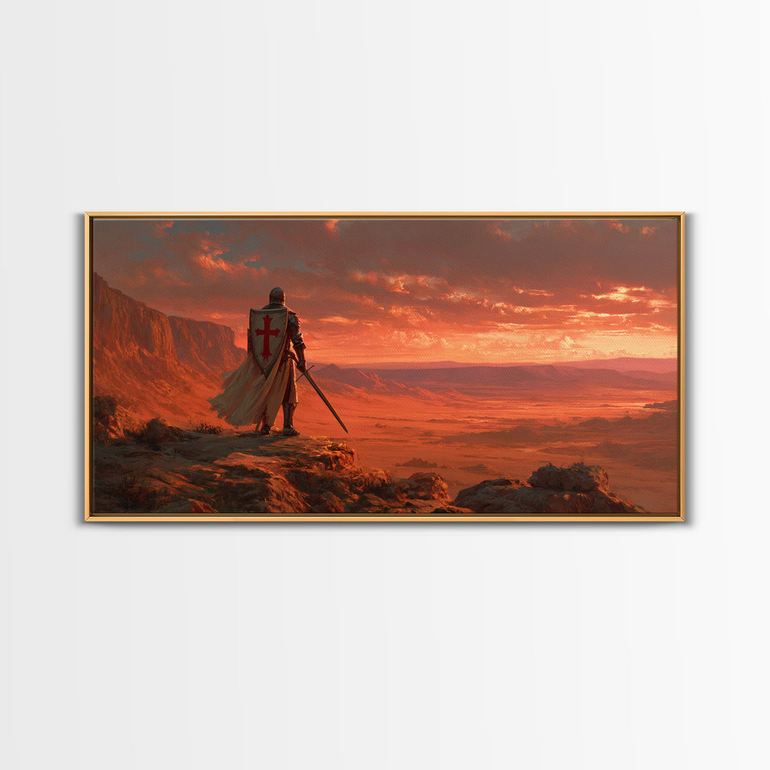 Templar Knight Over Desert Valley Canvas Print, Medieval Fantasy Wall Art, Western Sunset Decor, Man Cave Poster Gift For Him
