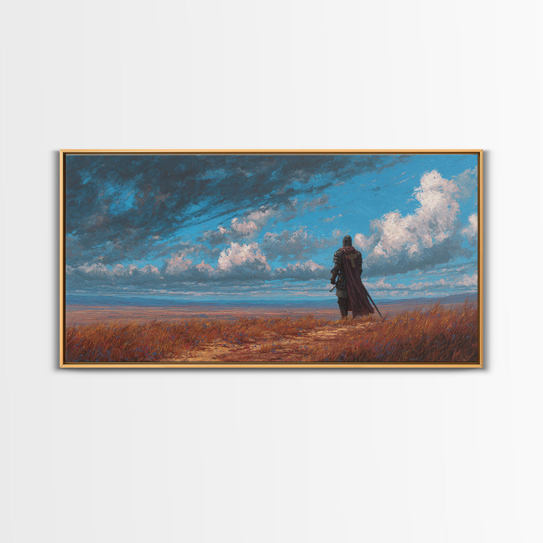 Lone Knight Coastal Fantasy Landscape Wall Art, Medieval Warrior Canvas, Moody Sky Print, Gamer Room Decor Housewarming Gift