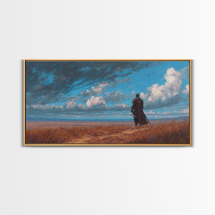 Lone Knight Coastal Fantasy Landscape Wall Art, Medieval Warrior Canvas, Moody Sky Print, Gamer Room Decor Housewarming Gift