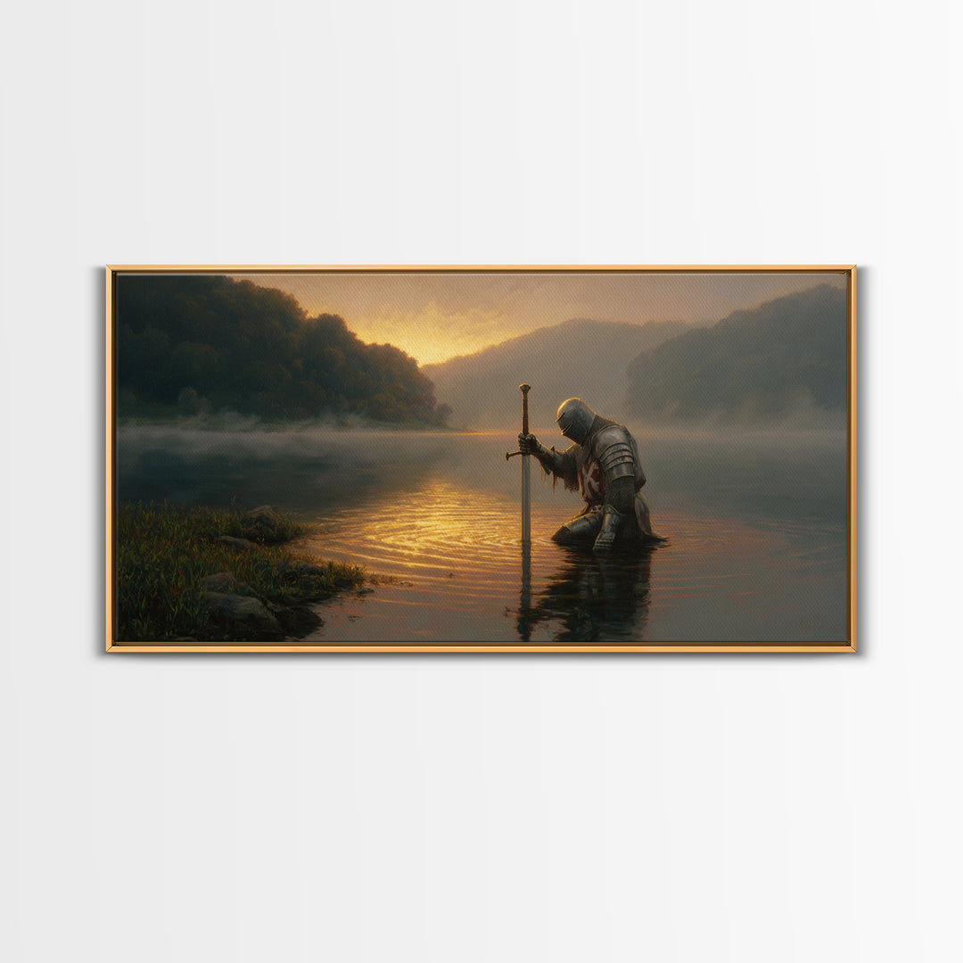 Kneeling Knight In Misty Lake At Sunrise Framed Canvas Print, Fantasy Wall Art, Medieval Decor, Man Cave Art, Gift For Him