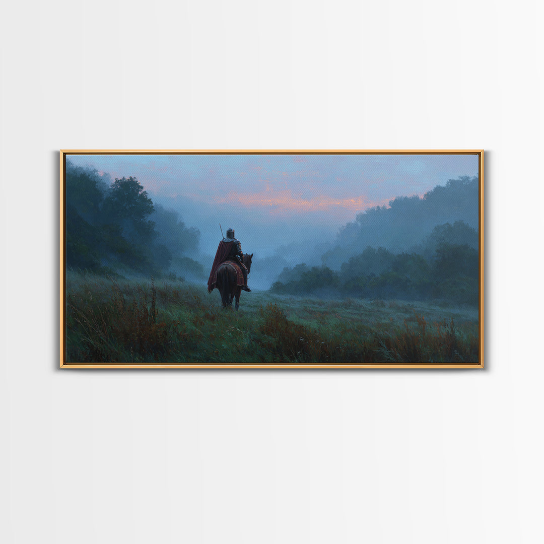 Lone Rider In Misty Forest Canvas Print, Moody Landscape Wall Art, Medieval Horseman Decor, Fantasy Adventure Gift For Him