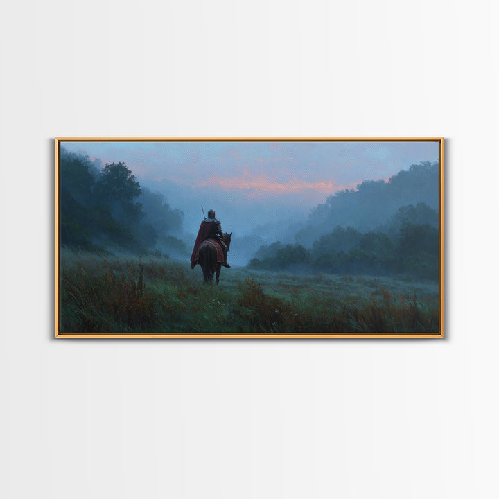 Lone Rider In Misty Forest Canvas Print, Moody Landscape Wall Art, Medieval Horseman Decor, Fantasy Adventure Gift For Him
