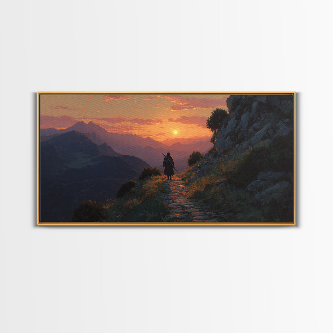 Lone Traveler Mountain Sunset Wall Art, Fantasy Landscape Canvas Print, Above Bed Decor, Adventure Gift, Nature Wall Decor