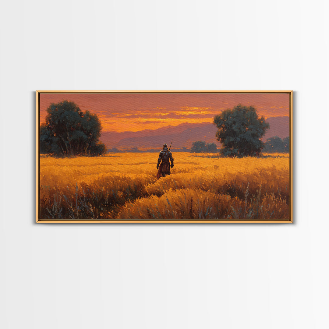 Armored Warrior In Golden Field Wall Art, Fantasy Landscape Print, Sunset Adventure Decor, Medieval Knight Gift For Him Art