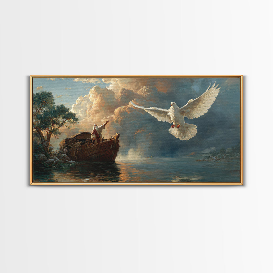 Noah Releasing White Dove From Ark Framed Canvas Print, Biblical Wall Art, Christian Decor, Spiritual Gift For Prayer Room
