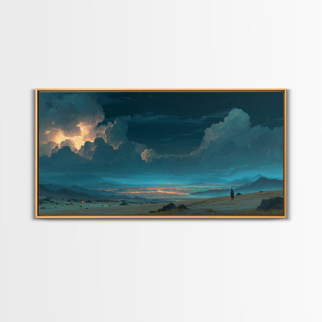 Moonlit Desert Storm Wall Art, Moody Blue Night Landscape Canvas Print, Southwest Travel Decor, Dramatic City Lights Gift