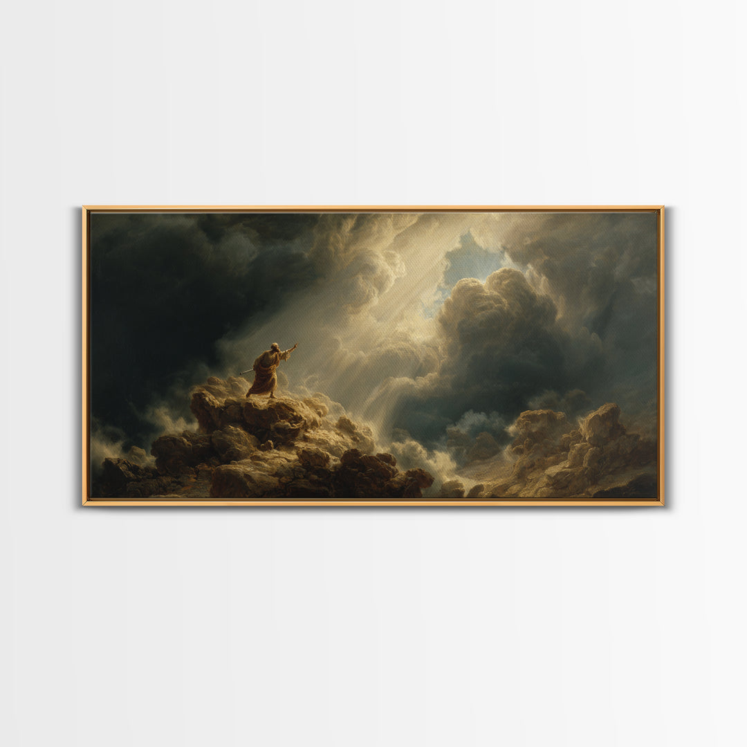 Prophet On Stormy Mountain Canvas Print, Biblical Wall Art, Divine Light Clouds, Spiritual Landscape Decor Gift For Prayer Room