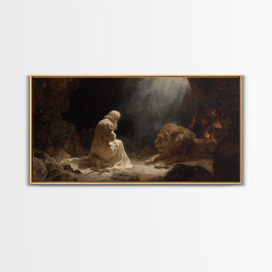 Praying Man With Lion Cave Wall Art, Christian Canvas Print, Biblical Daniel Decor, Spiritual Fine Art For Prayer Room Decor