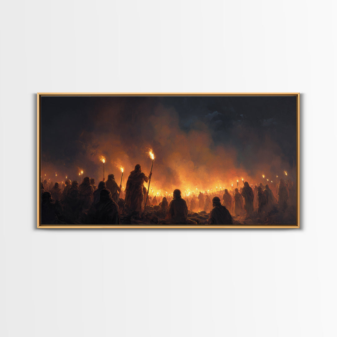 Torchlit Gathering In Smoky Night Wall Art, Dark Fantasy Painting Print, Moody Medieval Decor, Dramatic Statement Art For Gothic Home
