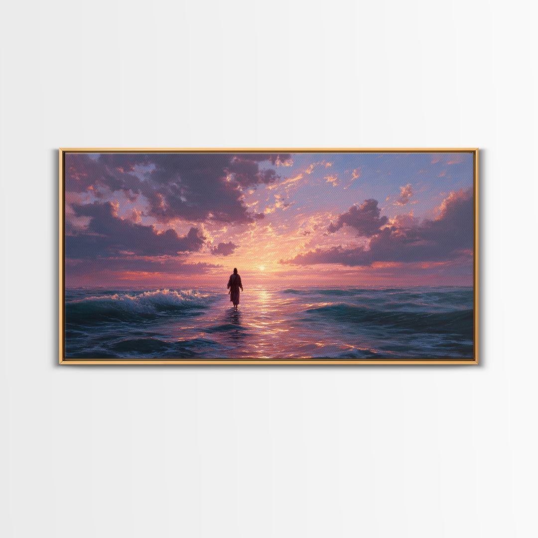 Solitary Figure In Ocean Sunset Waves Wall Art, Seascape Canvas Print, Coastal Decor, Romantic Bedroom Art, Gift For Her