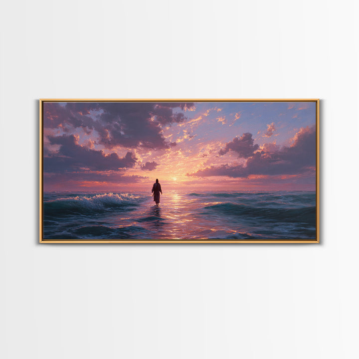 Solitary Figure In Ocean Sunset Waves Wall Art, Seascape Canvas Print, Coastal Decor, Romantic Bedroom Art, Gift For Her