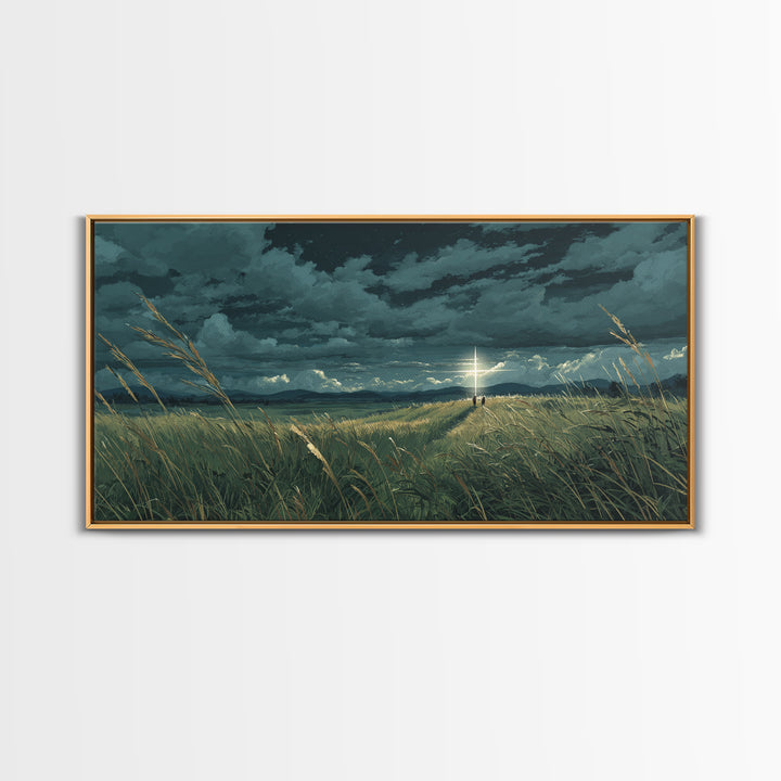 Lone Figure In Stormy Meadow Wall Art, Moody Fantasy Landscape Canvas Print, Cinematic Field Decor, Dramatic Nature Art Print